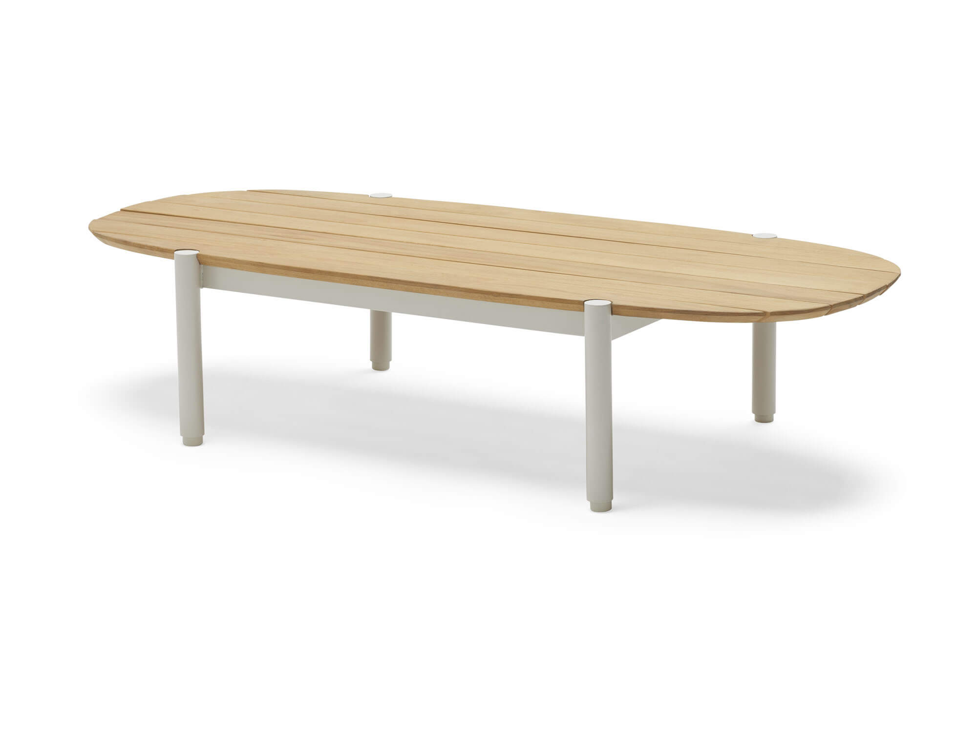 Front angle view of oval wood outdoor coffee table with white legs